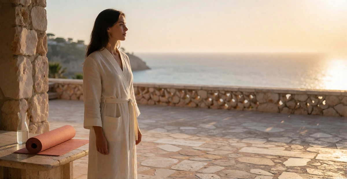 Woman in an ivory linen robe standing on a hotel terrace at sunrise before a morning stretch session