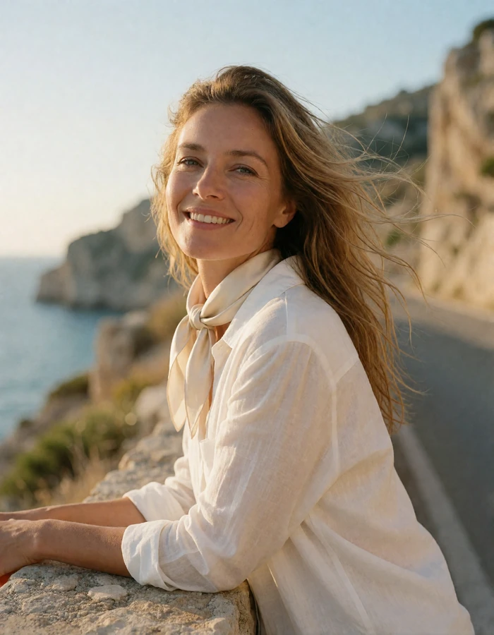 Woman in her mid-forties with a light silk scarf leaning against a stone wall along a coastal road
