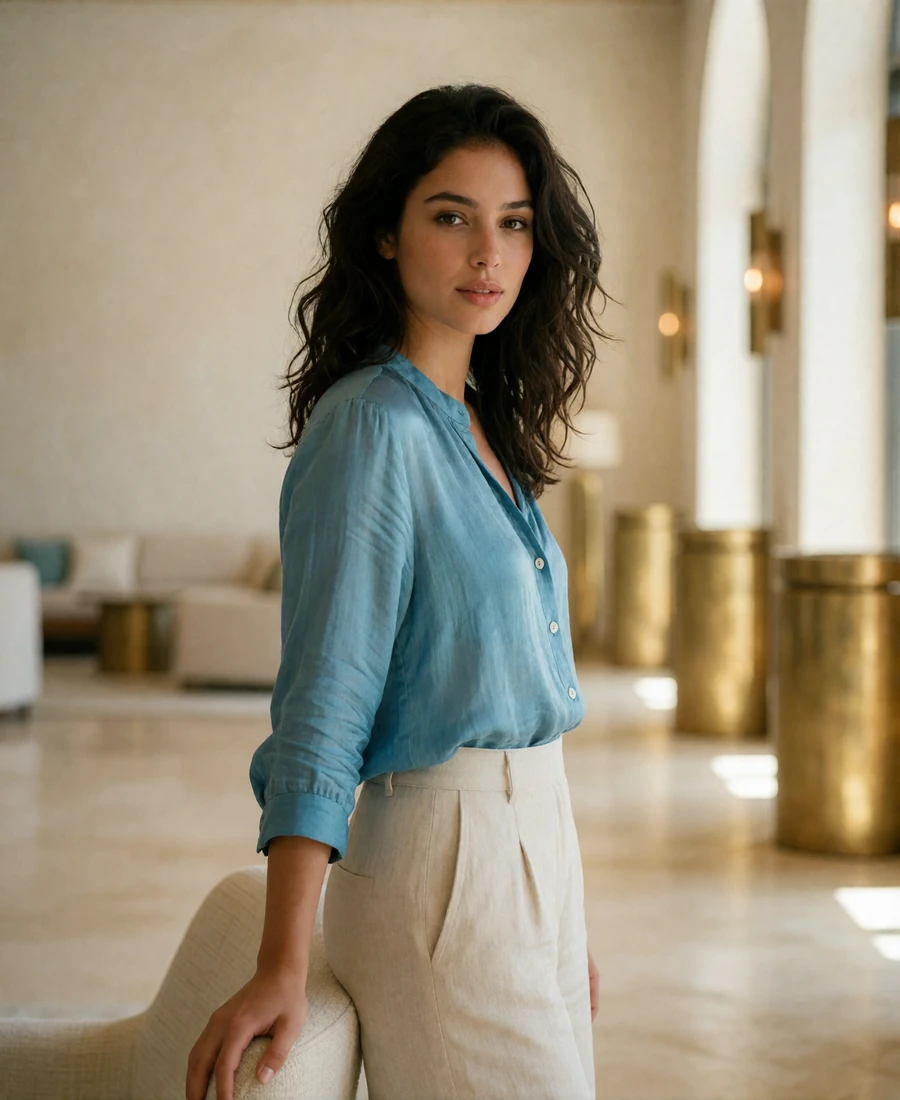 Woman with dark wavy hair standing in a bright modern hotel lobby in Carmel