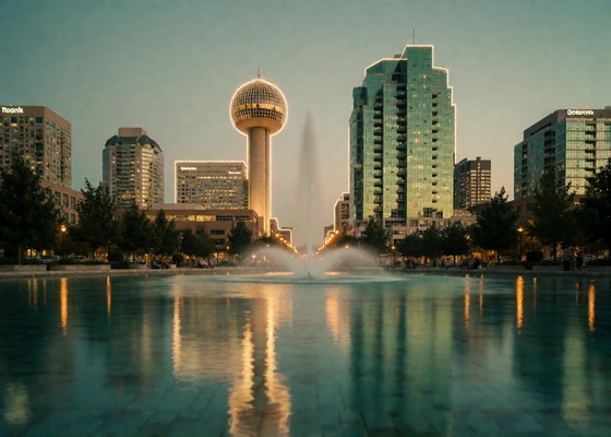 Dallas downtown skyline at blue hour reflected in a fountain pool with a spherical observation tower