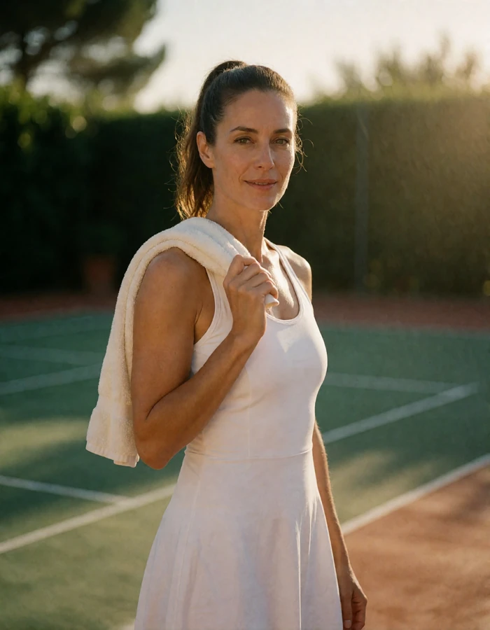 Athletic woman in a white sports dress at the edge of a private tennis club court