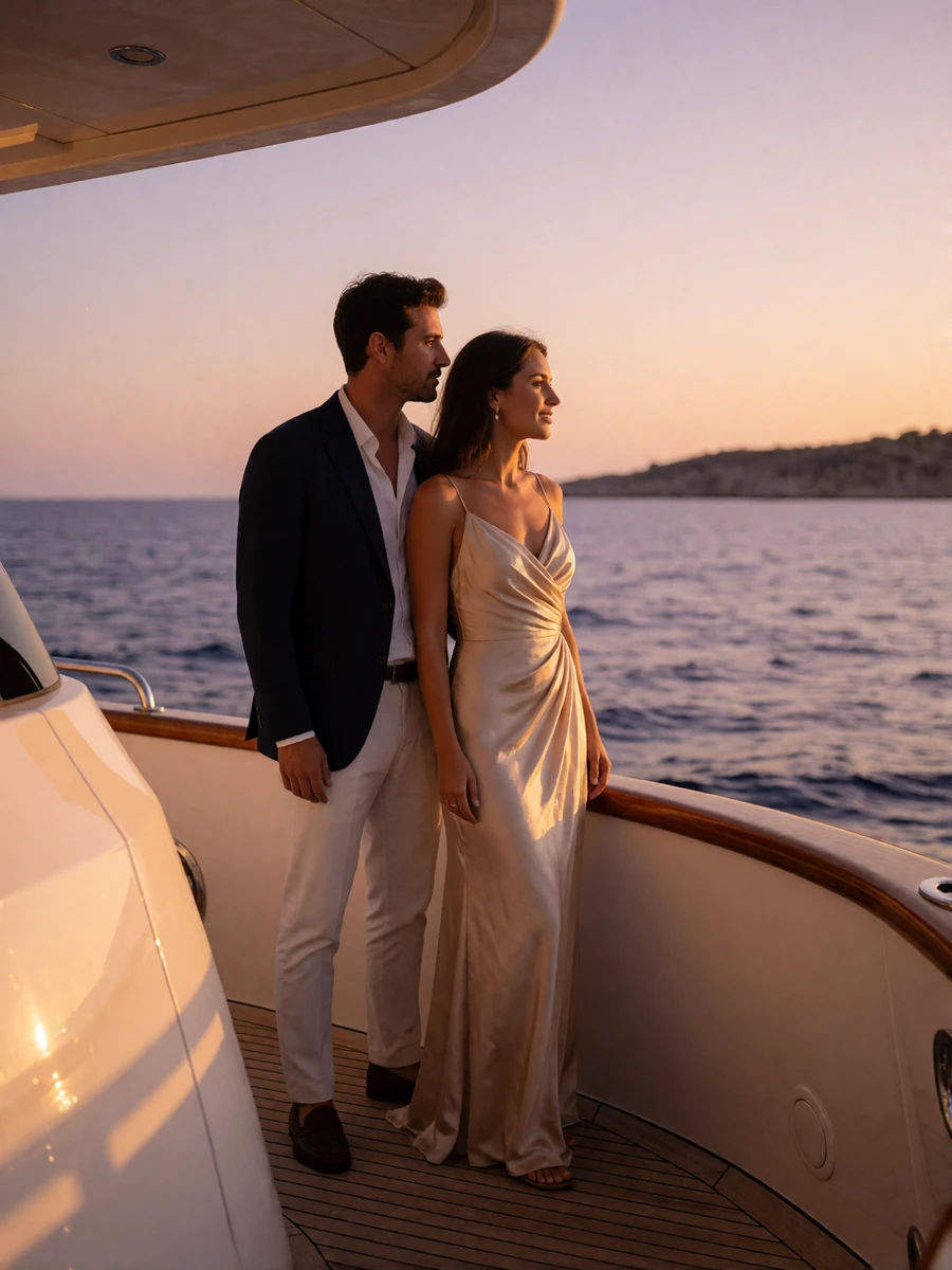 Couple in evening dress standing on the aft deck of a yacht at sunset, looking out over calm water