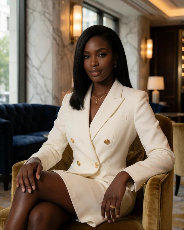 Woman in a cream double-breasted blazer dress seated in a velvet armchair in an upscale Atlanta hotel lounge