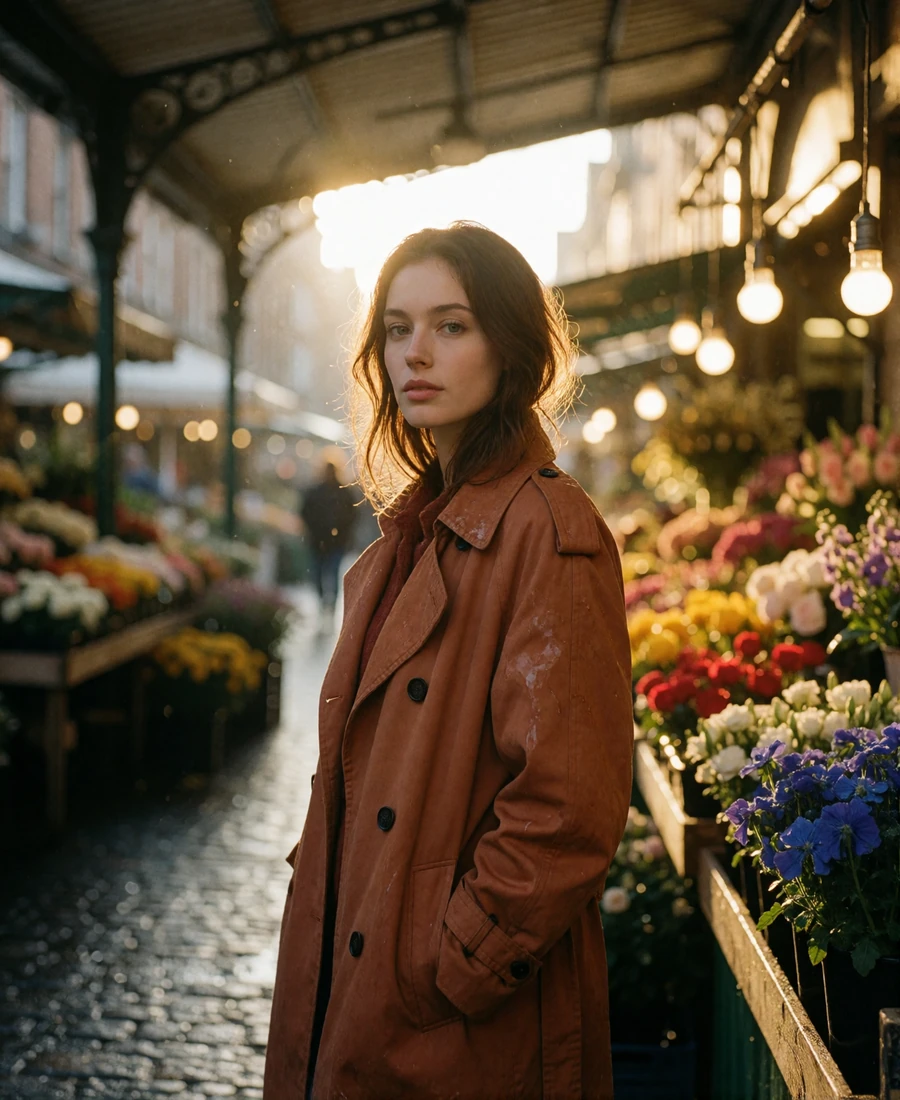 Woman in a rust-toned trench coat standing under a Seattle covered market arcade at golden hour