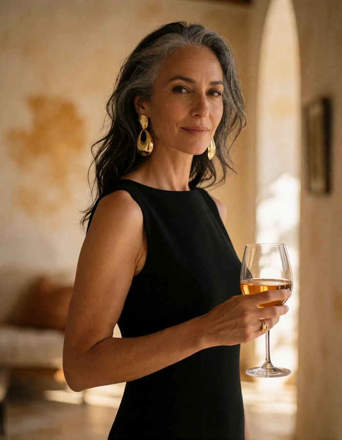 Woman with silver-streaked hair in a black dress holding a glass at a warmly lit gallery opening