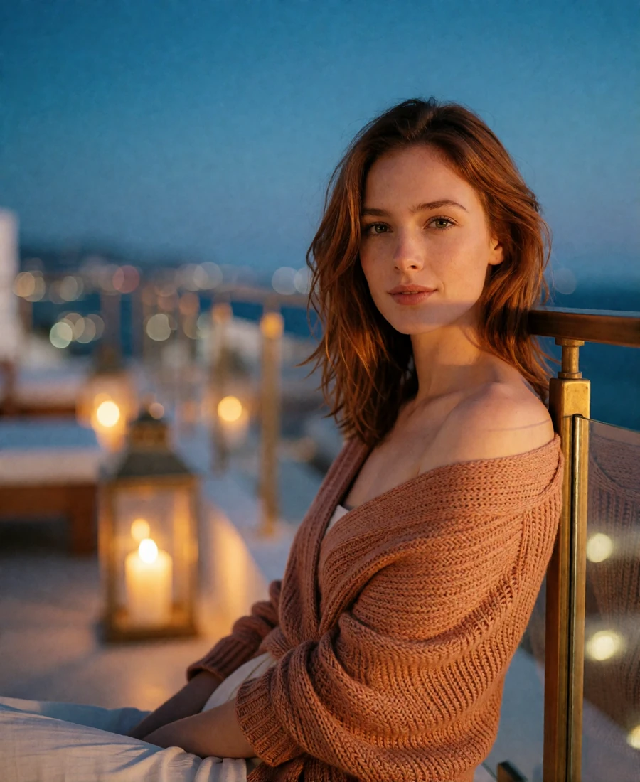 Graceful auburn-haired woman leaning against a rooftop lounge railing in Dallas at blue hour