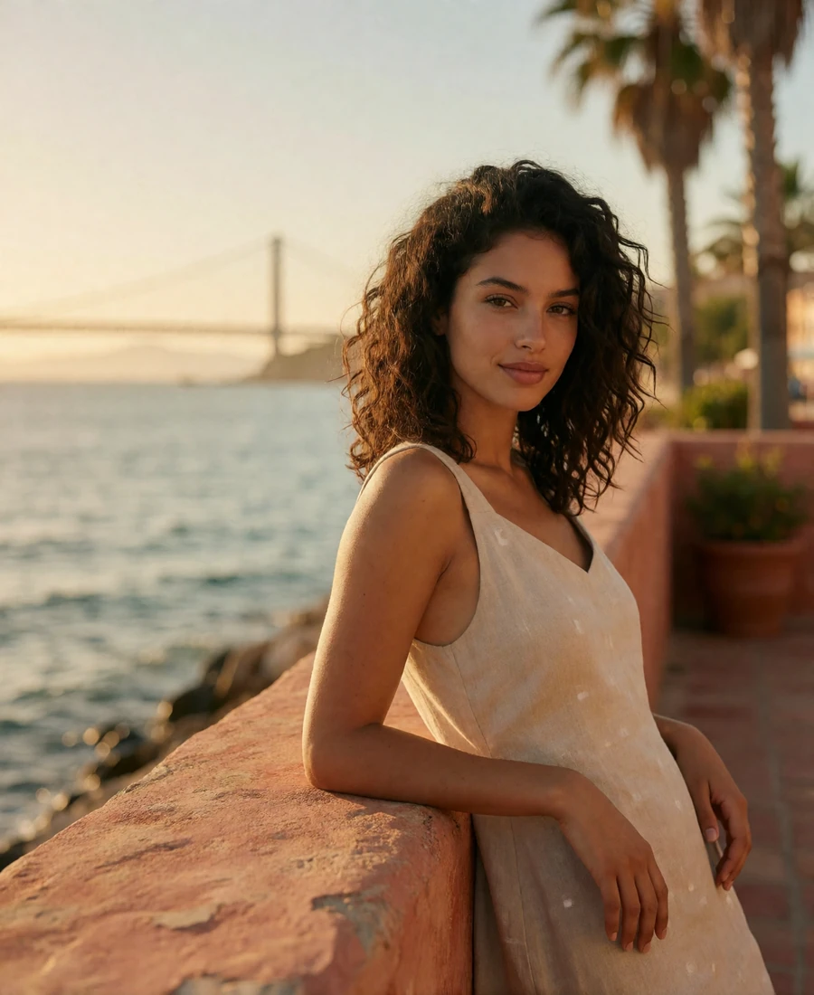 Woman in a terracotta linen dress leaning against a Tampa bayside terrace wall at golden hour