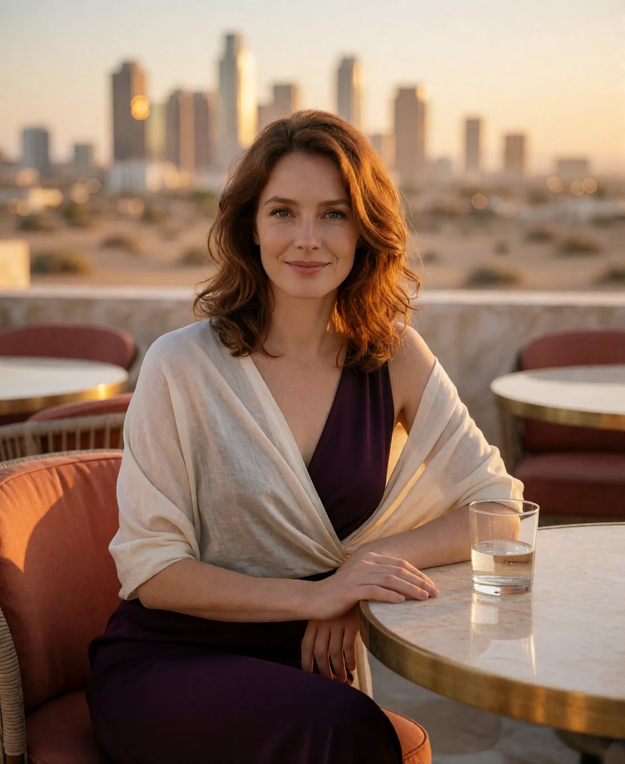 Woman in a deep-plum evening dress seated at a Phoenix rooftop lounge at sunset