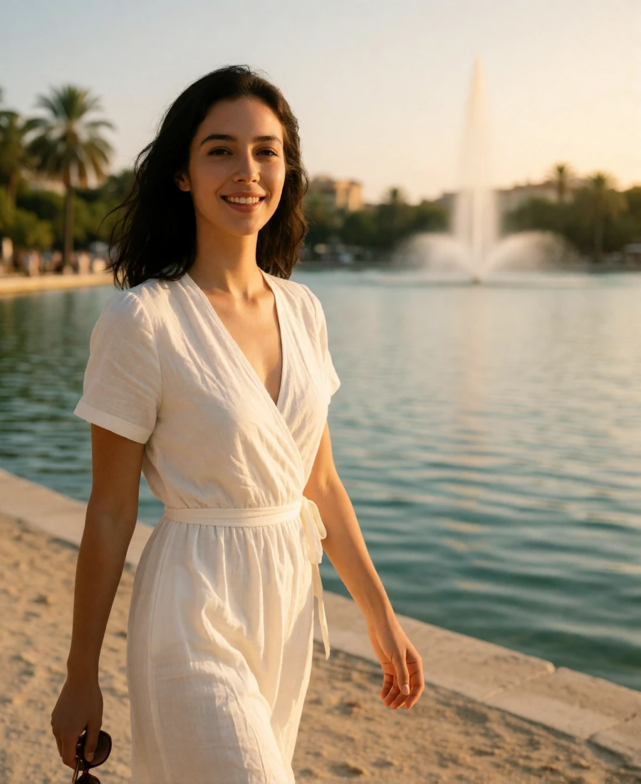 Woman in a white wrap dress strolling along a lakeside promenade in Orlando at golden hour