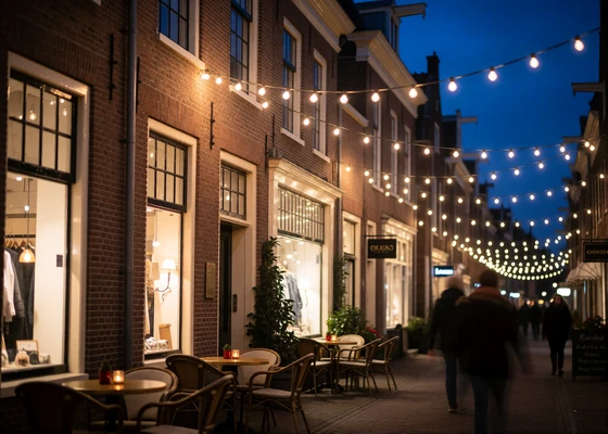 Historic Denver shopping street strung with warm canopy lights at dusk