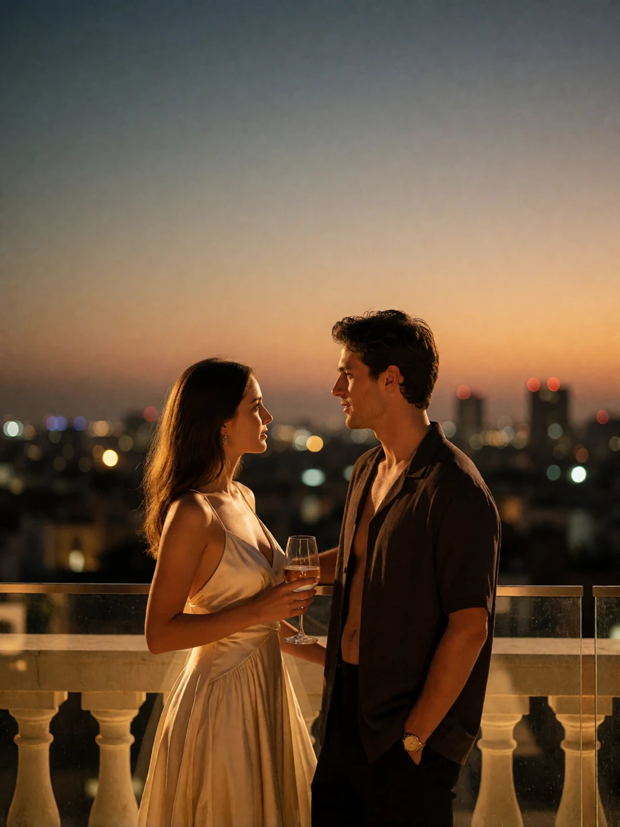 Couple standing together at a rooftop terrace balustrade at dusk with a soft city skyline behind them