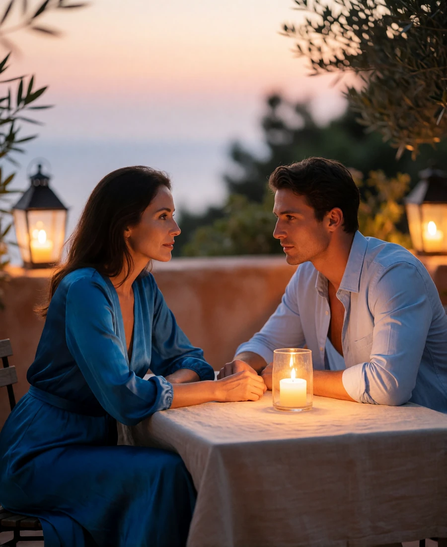 Couple sharing a candlelit dinner conversation on a villa terrace at dusk