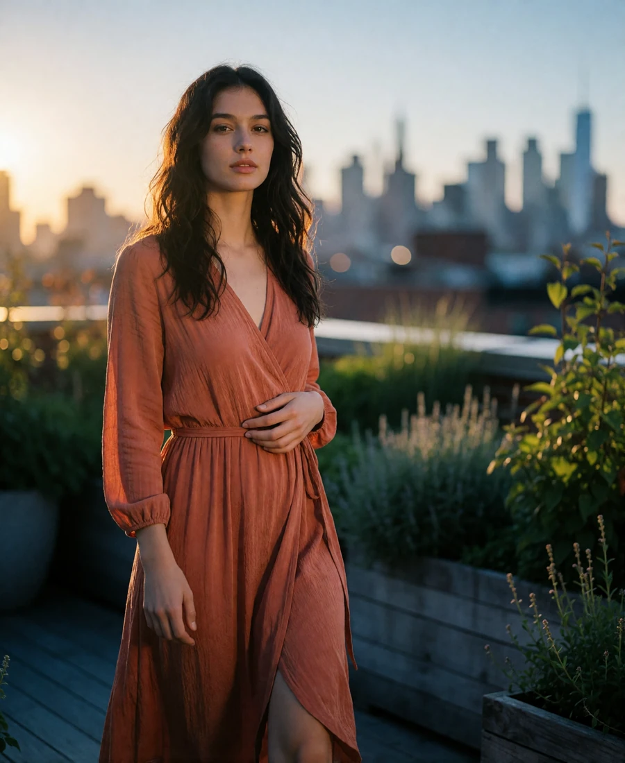 Woman in a terracotta wrap dress on a Tribeca rooftop garden at dusk