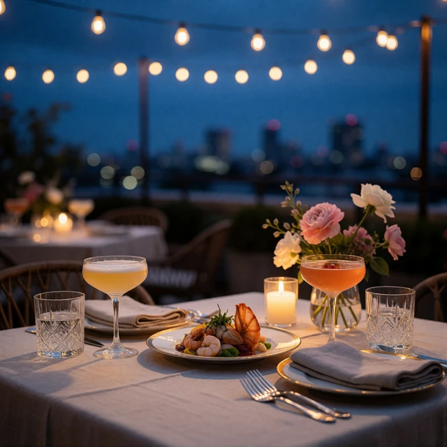 Rooftop restaurant table for two set with craft cocktails, a shared seafood appetizer and a low floral arrangement at dusk