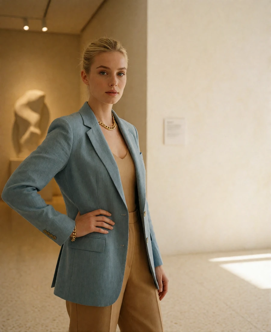 Elegant woman with a blonde chignon standing in a bright contemporary Dallas gallery foyer