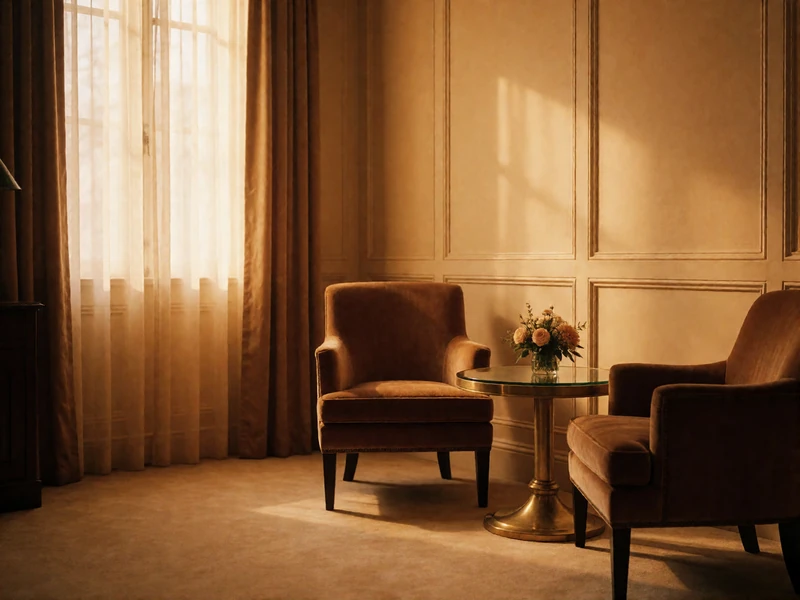 Quiet private club lounge with facing velvet armchairs and a low brass table