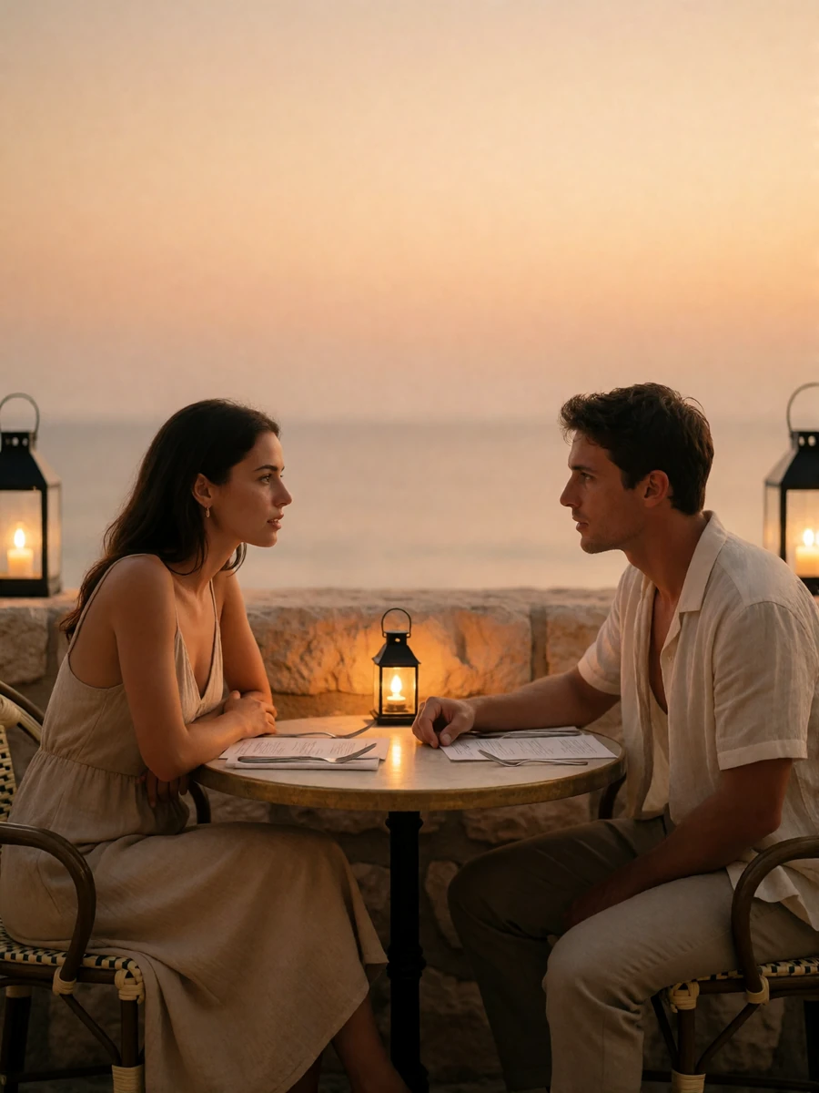Couple in relaxed conversation at a small café table on a stone terrace overlooking the sea at dusk