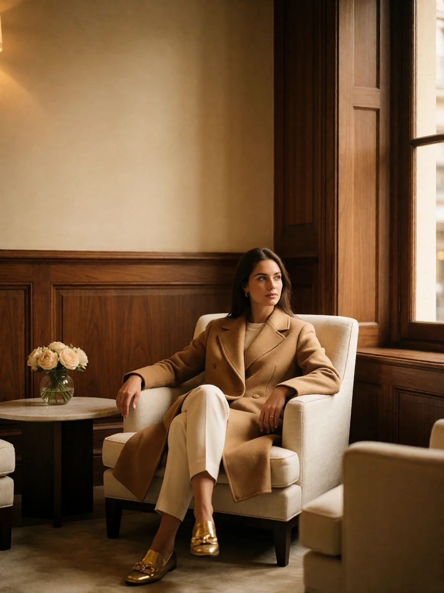 Woman in a camel coat seated in an armchair in a quiet upscale hotel lobby lounge