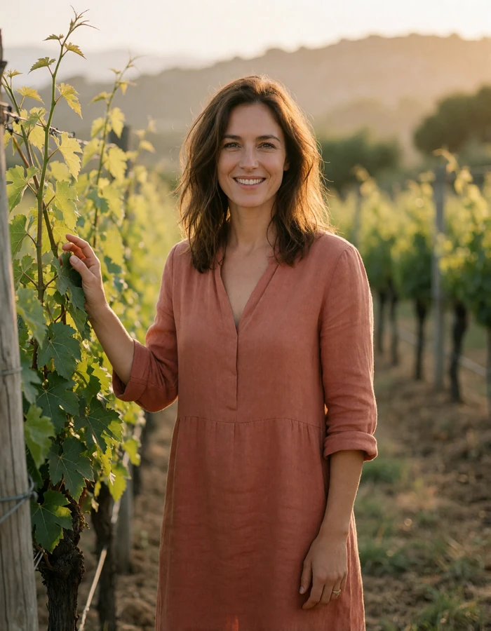 Woman in a terracotta linen dress standing among vineyard rows on a sunlit hillside estate