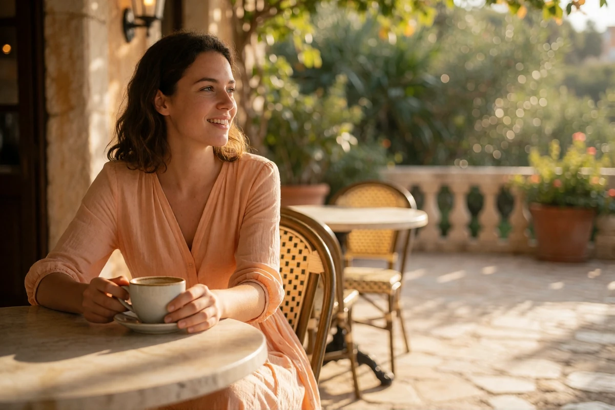 Woman in a light apricot dress enjoying coffee on a shaded Dallas terrace during a relaxed morning