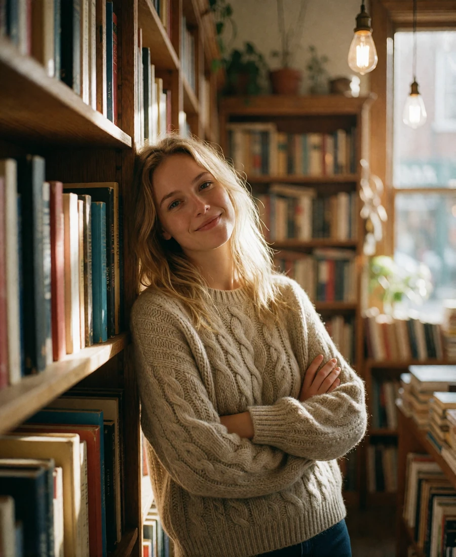 Blonde woman in an oatmeal sweater smiling inside a cosy Seattle independent bookshop