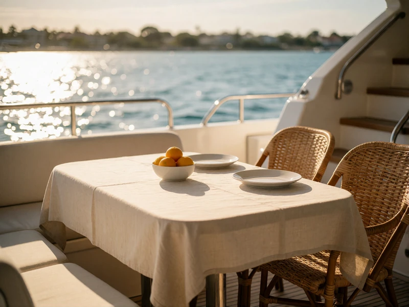 Outdoor lunch table set on a yacht's shaded aft deck with linen and citrus overlooking blue water
