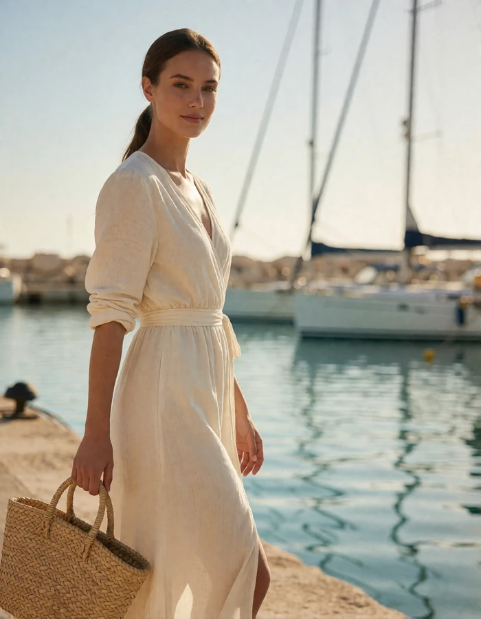 Woman in an ivory wrap dress walking along a marina boardwalk past moored sailboats