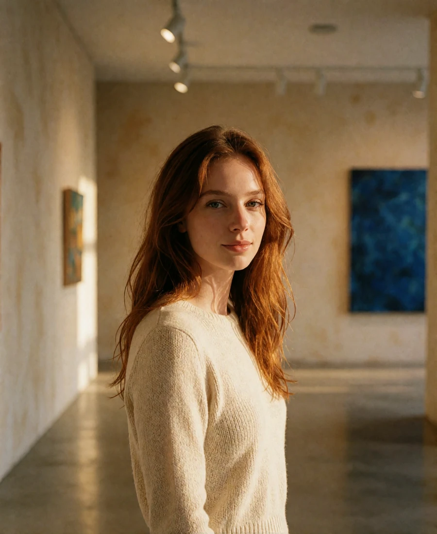 Woman with auburn hair in a cream knit top standing in a bright Columbus art gallery corridor