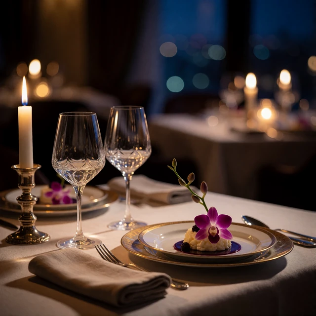 Candlelit fine-dining table for two with crystal glasses, gold-rimmed dessert plate and a single orchid stem