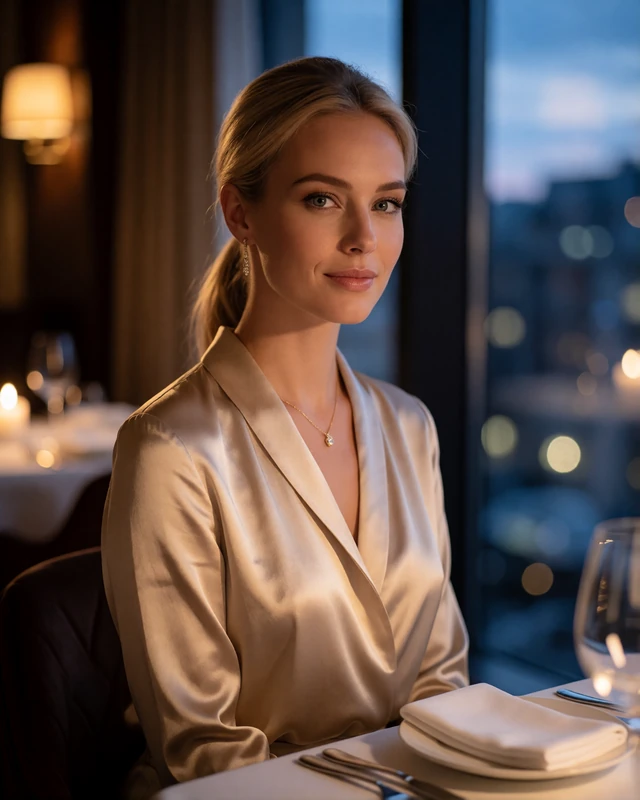 Blonde woman in a champagne satin blouse at a restaurant table with dusk city light behind her